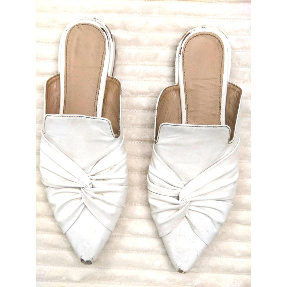 Vintage Mules Flats Pointed Toe Slip-on Bow Entwined Shoes Women White Size 40